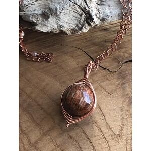 Handmade Copper Wire Wrapped Jasper Pendant - 20" Chain